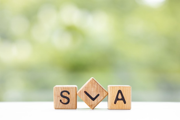 SLA-Wort wird auf Holzwürfeln auf grünem Sommerhintergrund geschrieben Nahaufnahme von Holzelementen
