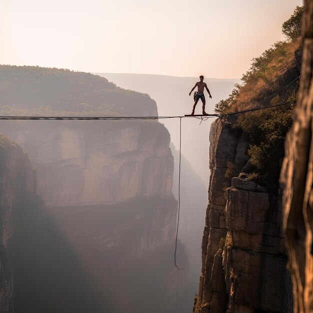 Foto slackliner equilibrando-se em uma ilustração realista de foto de corda