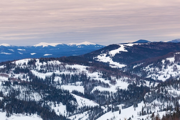 Slavske Skipiste mit blauem Himmel, umgeben von Bergen und Wäldern Karpaten Ukraine