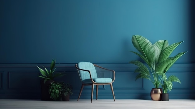 Sleek Living Sillón moderno Mesas de café y diseño de pared azul Generative Ai