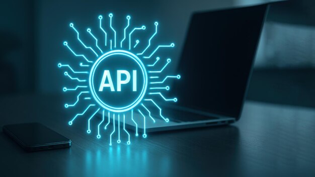 A sleek workspace with a glowing api icon and neon blue circuits highlights api programming and application programming interface