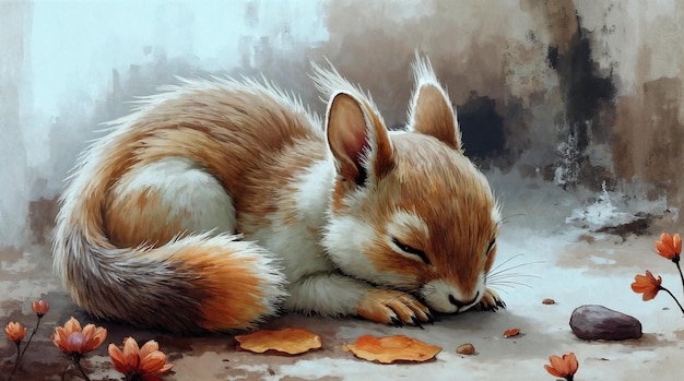 Sleeping Squirrel in an Autumnal Watercolor Scene