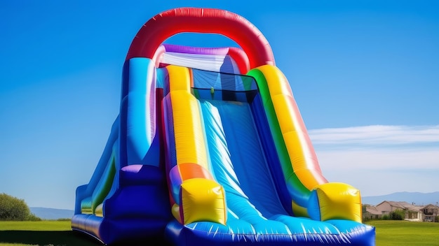 Slide inflable brillante para niños de pie al aire libre en el césped