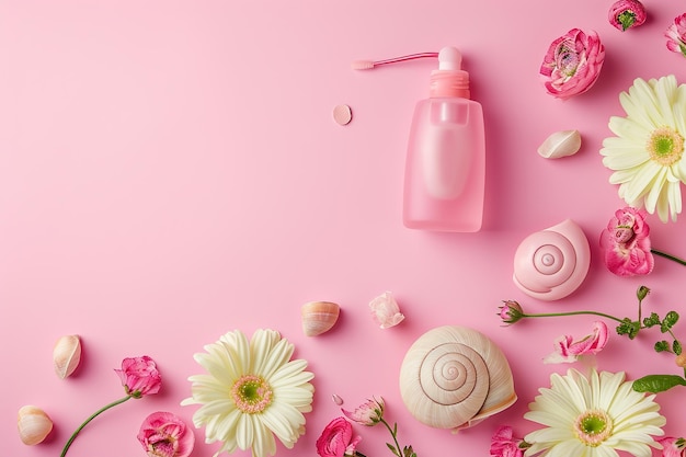 Slime de caracol frasco de cosméticos naturais e frascos de creme plantas em fundo rosa com flores ainda vida cópia do espaço vista superior