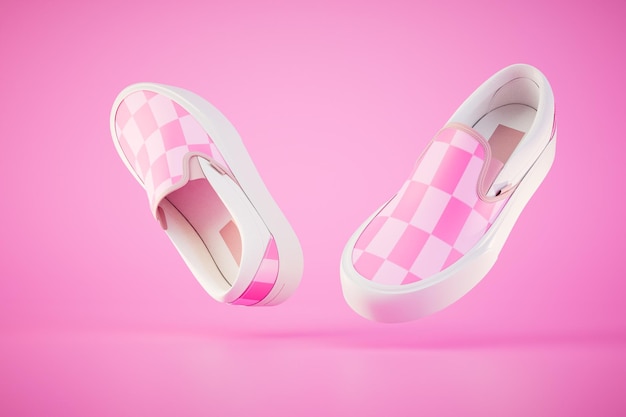 Foto slipons a xadrez das mulheres em um fundo rosa renderização 3d