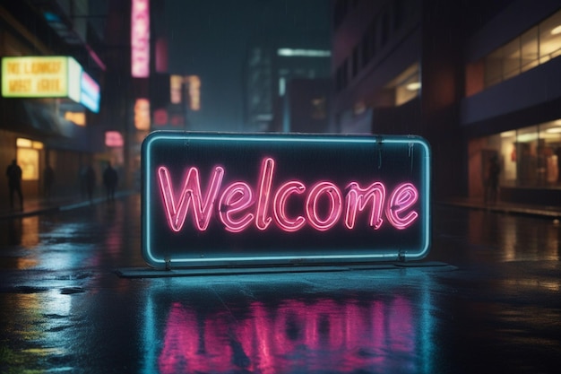 Foto slogan willkommen neonlicht schild text-effekt auf einer regnerischen nacht straße horizontale zusammensetzung