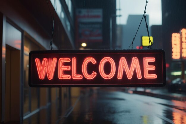 Slogan Willkommen Neonlicht Schild Text-Effekt auf einer regnerischen Nacht Straße horizontale Zusammensetzung