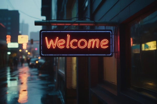 Slogan Willkommen Neonlicht Schild Text-Effekt auf einer regnerischen Nacht Straße horizontale Zusammensetzung