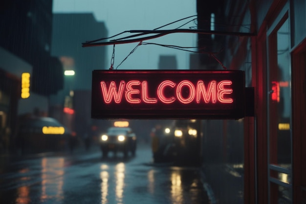 Slogan Willkommen Neonlicht Schild Text-Effekt auf einer regnerischen Nacht Straße horizontale Zusammensetzung