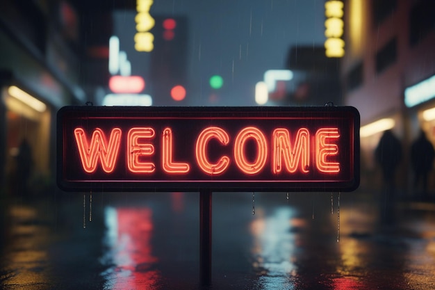 Slogan Willkommen Neonlicht Schild Text-Effekt auf einer regnerischen Nacht Straße horizontale Zusammensetzung