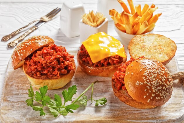 Sloppy Joe Sandwiches auf Briochebrötchen, serviert mit Pommes Frites auf einem weißen Holzbrett, Nahaufnahme, amerikanische Küche