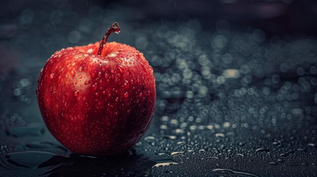 Foto sloseup de una manzana con gotas de agua en él como fondo