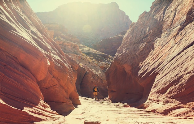 Slot Canyon im Grand Staircase Escalante Nationalpark, Utah, USA. Ungewöhnliche bunte Sandsteinformationen in den Wüsten Utahs sind ein beliebtes Ziel für Wanderer.