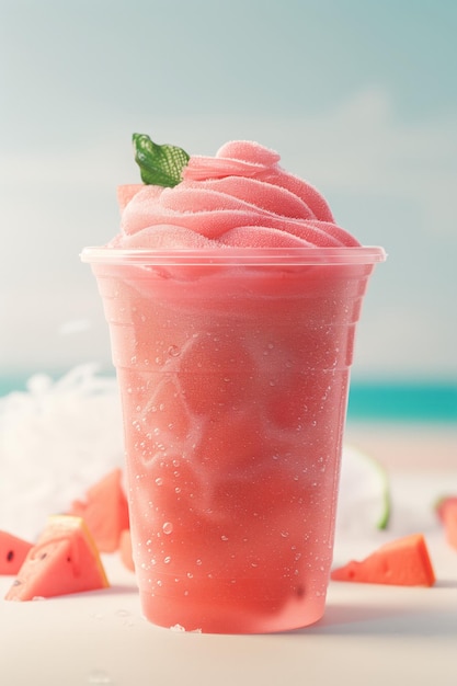 Foto slushy rosa vibrante con trozos de paja y sandía servido en una taza clara en un entorno de playa