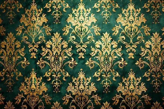 Smaragdgrüne und goldene Damask-Wandpapier