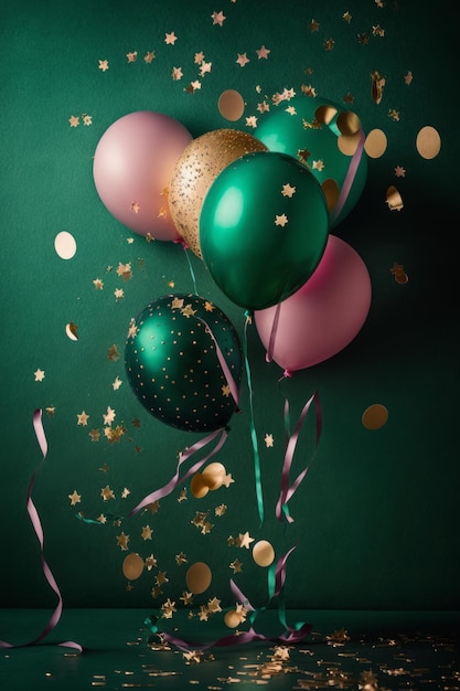 Smaragdgrüner Hintergrund des Partyballons mit kleinem goldenem Stern Illustrator AI Generative