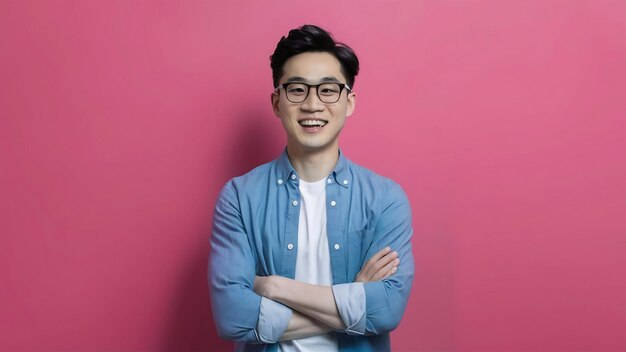 Smart attraktive asiatische Brille männlich stehend und lächeln mit Frische und fröhliche casual blaues Hemd
