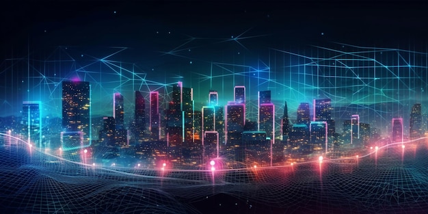 Smart City Dot Point Connect mit Gradient Grid Line Connection Technology Metaverse Concept