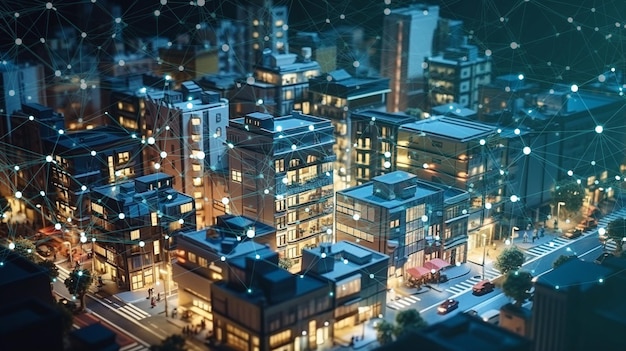 Smart City in der Nacht mit Kommunikationsnetzwerk-Hintergrund, futuristische Gebäude, generative KI
