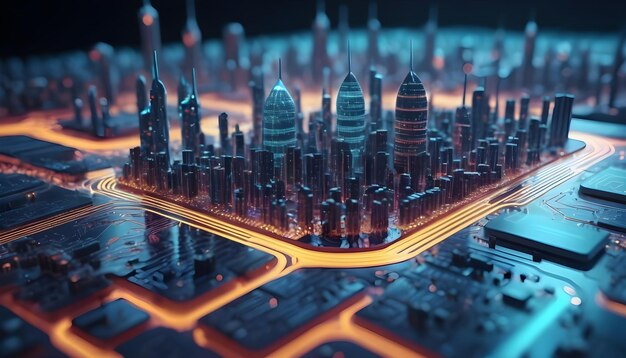 Smart City On Circuit Board Hintergrund Futuristisches Cyberspace-Konzept