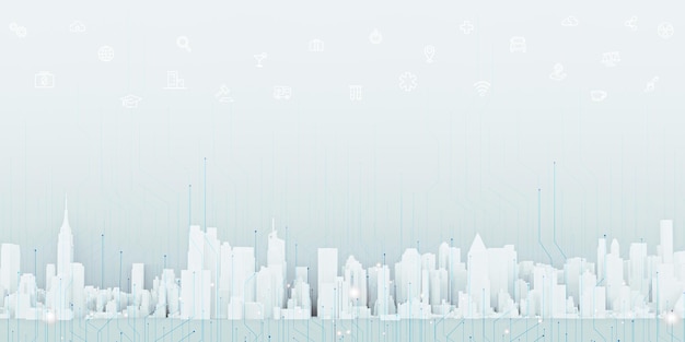 Smart City Technologie Kommunikation futuristische Netzwerkinformationen Online-Panorama Stadtbild