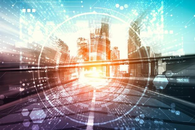 Smart City-Technologie mit futuristischer Grafik der digitalen Datenübertragung