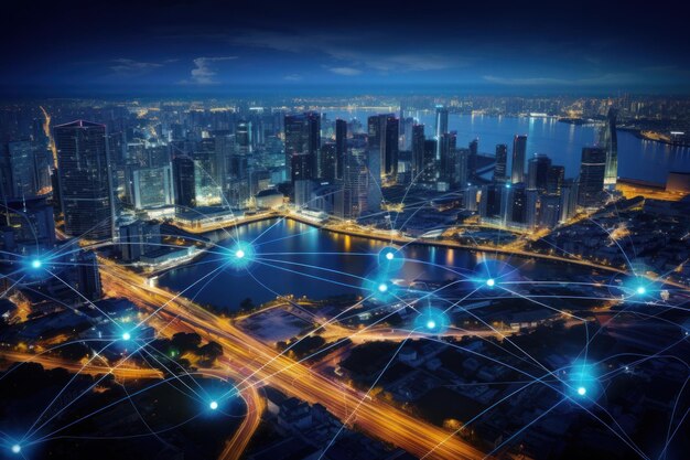 Smart City und Big-Data-Konzept Futuristisches Stadtbild bei Nacht Generative KI