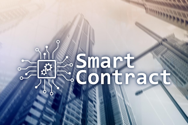 Smart-Contract-Blockchain-Technologie im Hitech-Konzept der Unternehmensfinanzierung Wolkenkratzer-Hintergrund