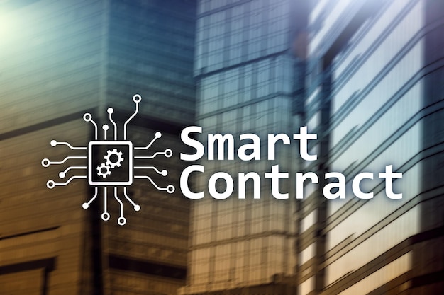 Smart-Contract-Blockchain-Technologie im Hitech-Konzept der Unternehmensfinanzierung Wolkenkratzer-Hintergrund