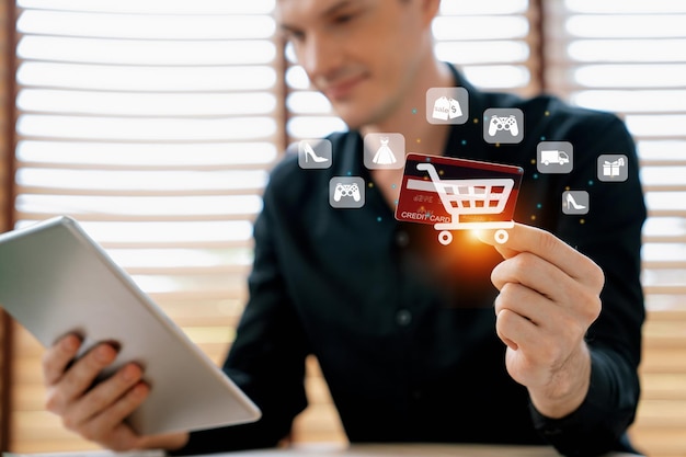 Foto smart customer open online store use credit card for online shopping cybercash