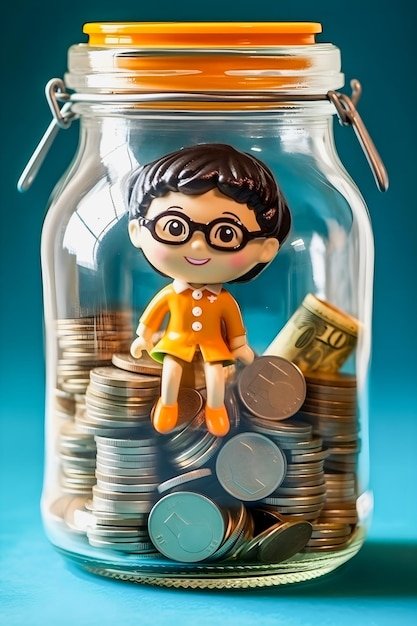 Smart Education Savings Glasgefäß gefüllt mit Münzen für zukünftige Ausgaben