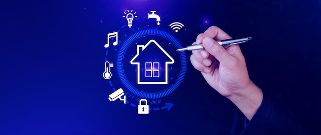 Foto smart home-technologie benutzer berühren virtuellen bildschirm verwalten smart home-funktionen einschließlich sicherheitsbeleuchtung temperatur smart home und iot-konzept