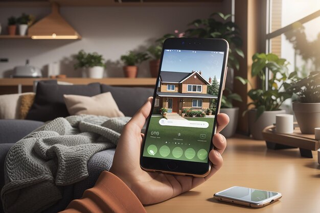 Foto smart living your way landscape smartphone mockup para aplicaciones de automatización del hogar personalizar su acogedor entorno doméstico con control sin fisuras y brillantez de automatización