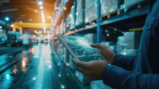 Smart Logistics Global Business and Warehouse Technology Management System Concept Empresario que utiliza el control de la tableta de distribución de la red de distribución de importación y exportación