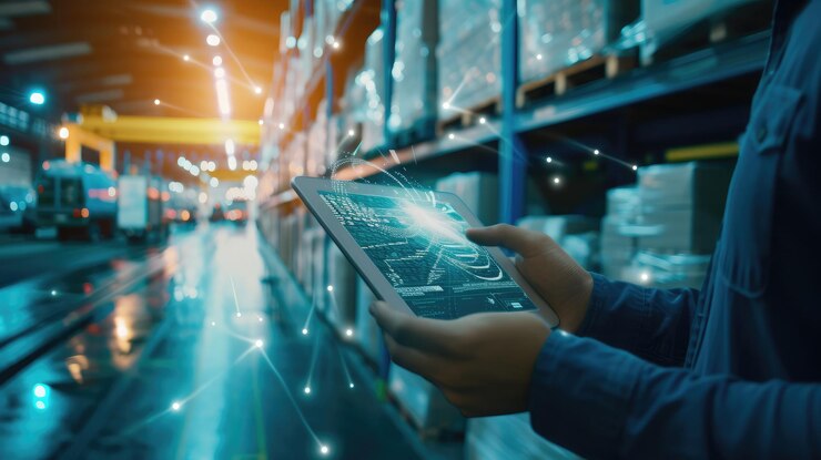 Foto smart logistics global business and warehouse technology management system concept empresario que utiliza el control de la tableta de distribución de la red de distribución de importación y exportación