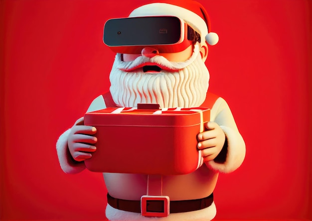 Smart Santa Claus usando las gafas de realidad virtual para distribuir los regalos a los niños con otro vehículo de lugar sobre fondo rojo Concepto de Feliz Navidad Ilustración de arte digital Generativo ai