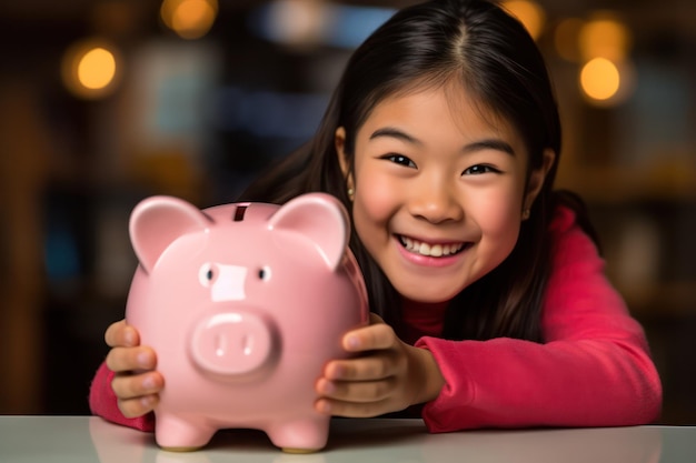 Smart Savings Asiatischer Student legt Geld in einem Sparschwein beiseite, um finanziellen Erfolg zu erzielen