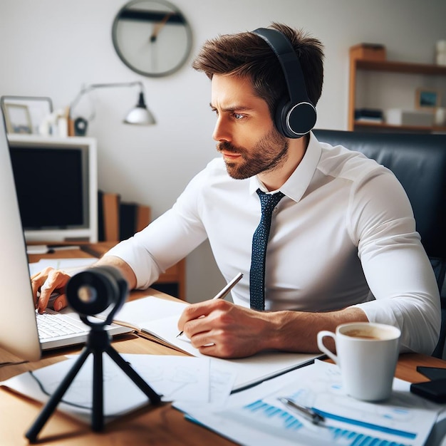 Smart Savvy Man trabajando en un trabajo remoto mientras asiste a una reunión en línea