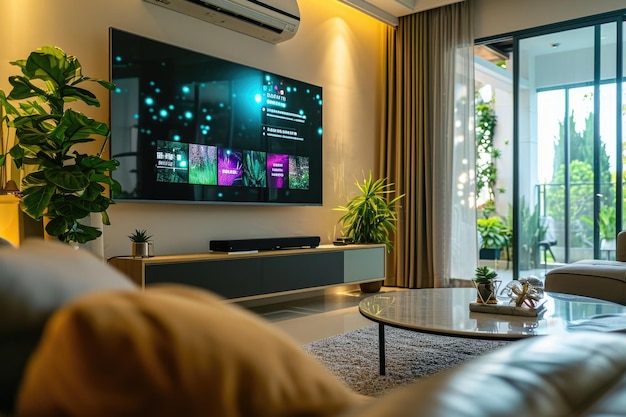 Smart Screen wertet modernes Wohnzimmer im Smart Home auf