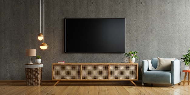 Smart tv auf schrank im wohnzimmer die betonwand, 3d-rendering