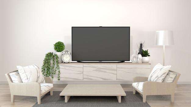 Smart tv im zen wohnzimmer mit minimaler art der dekoration. 3d-rendering