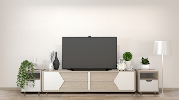 Smart Tv im Zen Wohnzimmer mit minimaler Art der Dekoration. 3D-Rendering