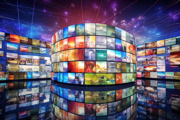 Foto smart tv medios digitales muro de pantallas entretenimiento transmisión de video contenido concepto generativo aixa