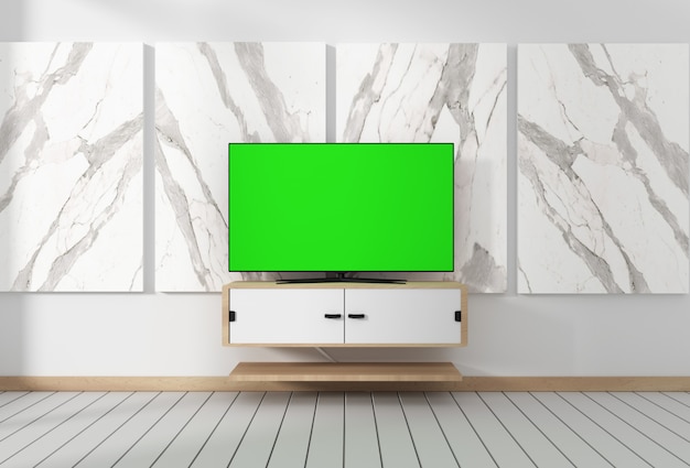 Smart tv mockup com tela verde em branco pendurado na decoração do armário. renderização em 3d