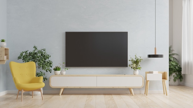 Smart TV na parede azul da sala de estar com poltrona, design minimalista, renderização em 3D