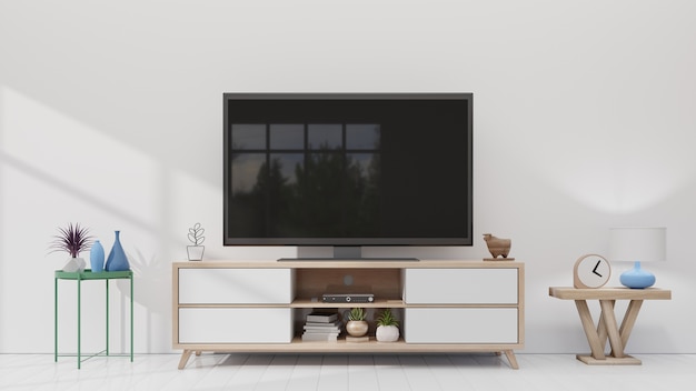 Smart tv na parede branca na sala de estar, design minimalista, renderização em 3d