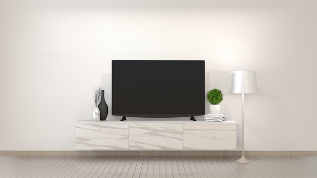 Smart TV na sala de estar zen com estilo minimalista de decoração. Renderização em 3d