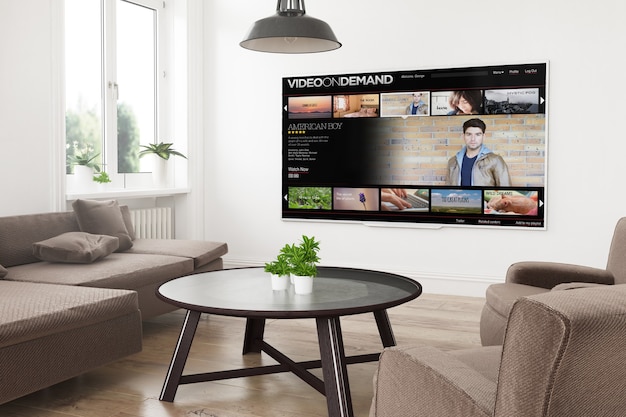 Smart TV panorámica moderna en una sala de estar de renderizado 3D con video a pedido en pantalla