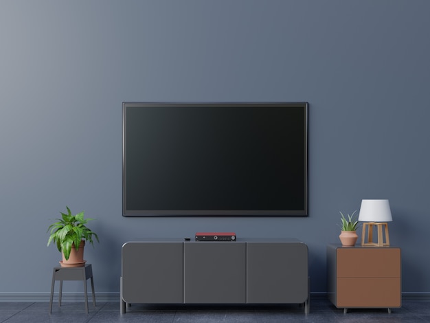 Smart TV en sala de estar y pared oscura