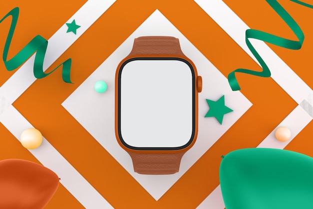 Smart Watch und Ballons Vorderseite im orangefarbenen Hintergrund